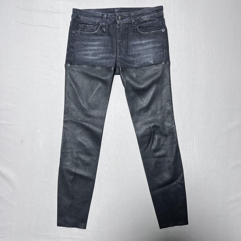 R13 Chaps‎ Jeans Womens 25 Black Marble Denim Leather Panel Skinny Made in Italy